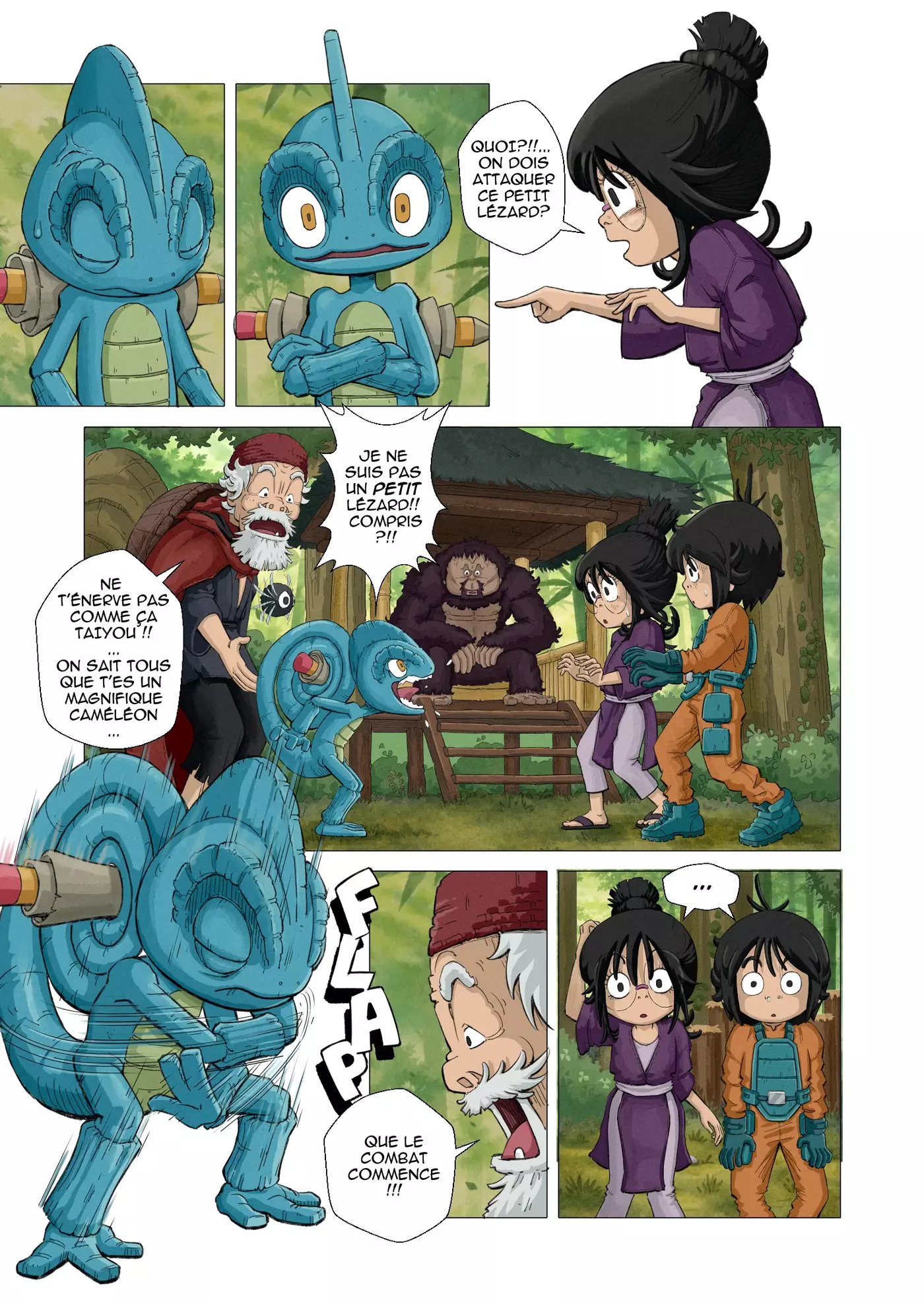 Tome 2, planche 22 : Wira et Hiba doivent attaquer Taiyou, qui refuse d'être pris pour un petit lézard.