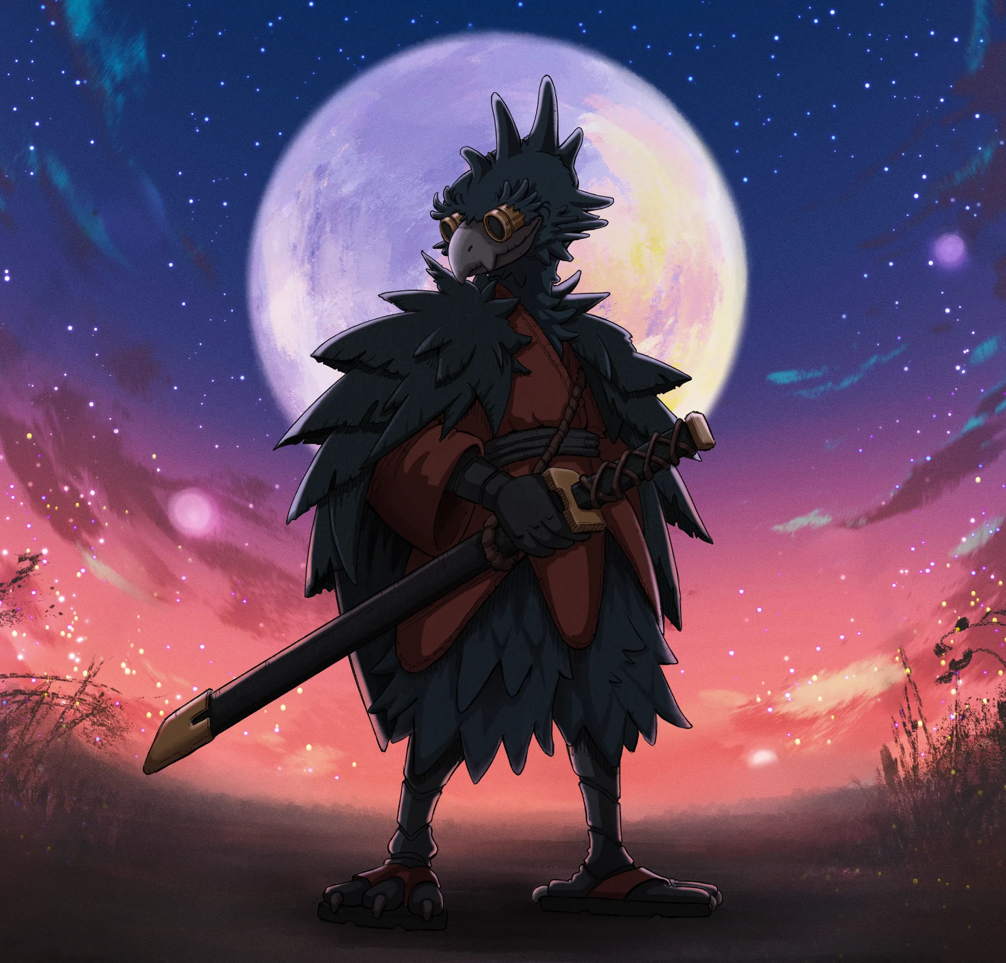 Ghorab, le corbeau, debout devant la lune