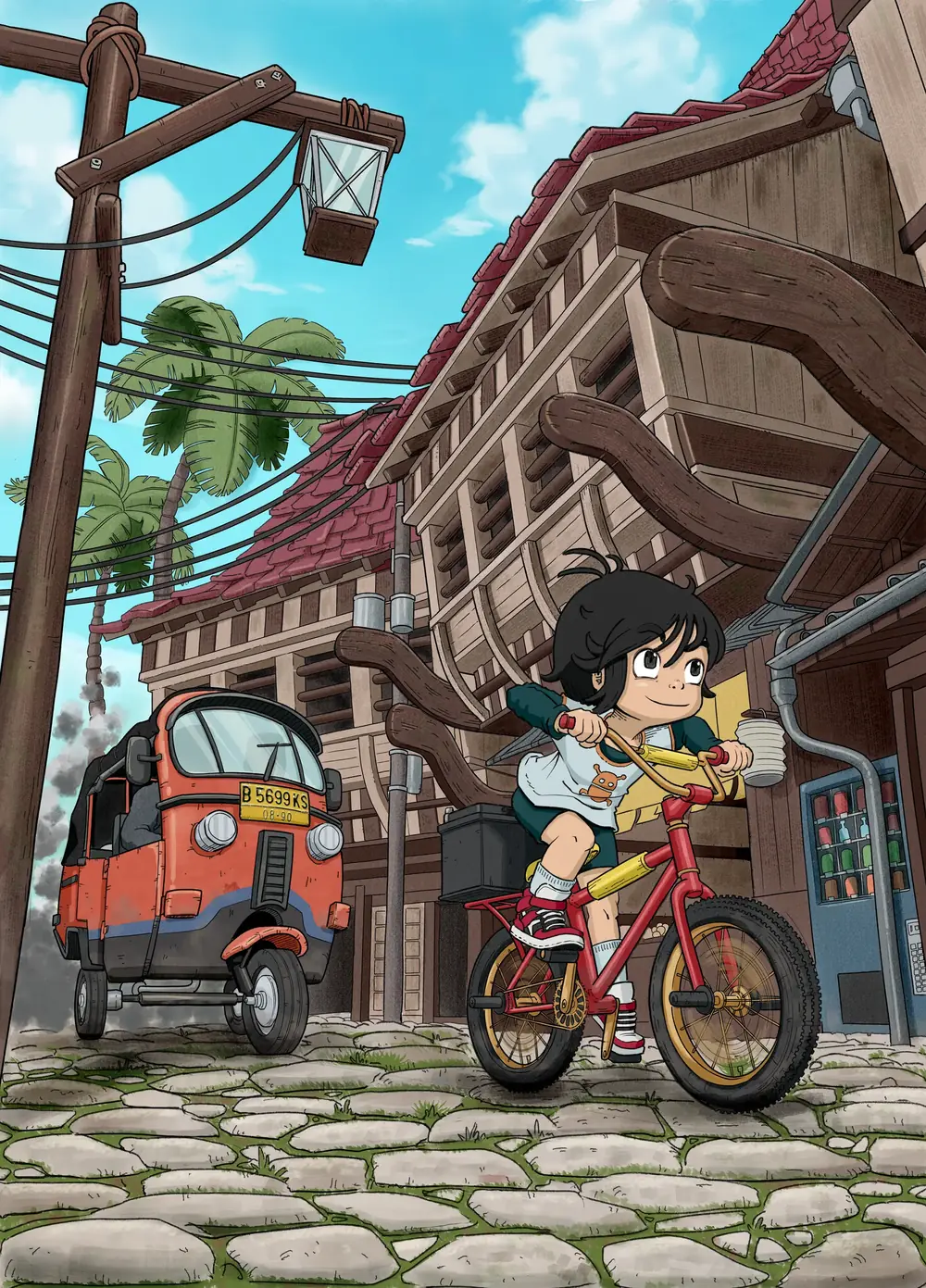 Wira et Hiba à vélo dans la rue du village