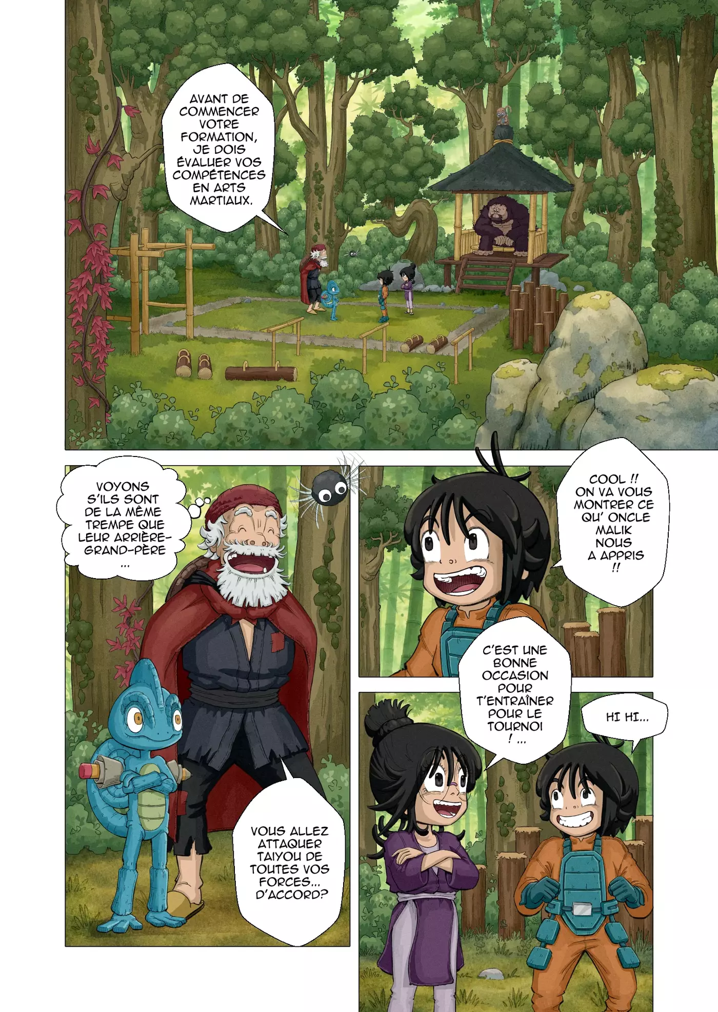 Tome 2, planche 21 : dans une clairière de la jungle, Rachmad annonce qu'il va évaluer Wira et Hiba en arts martiaux.